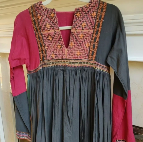 Vintage 70s Red Black Kaftan Boho  Handmade Small - Picture 3 of 8